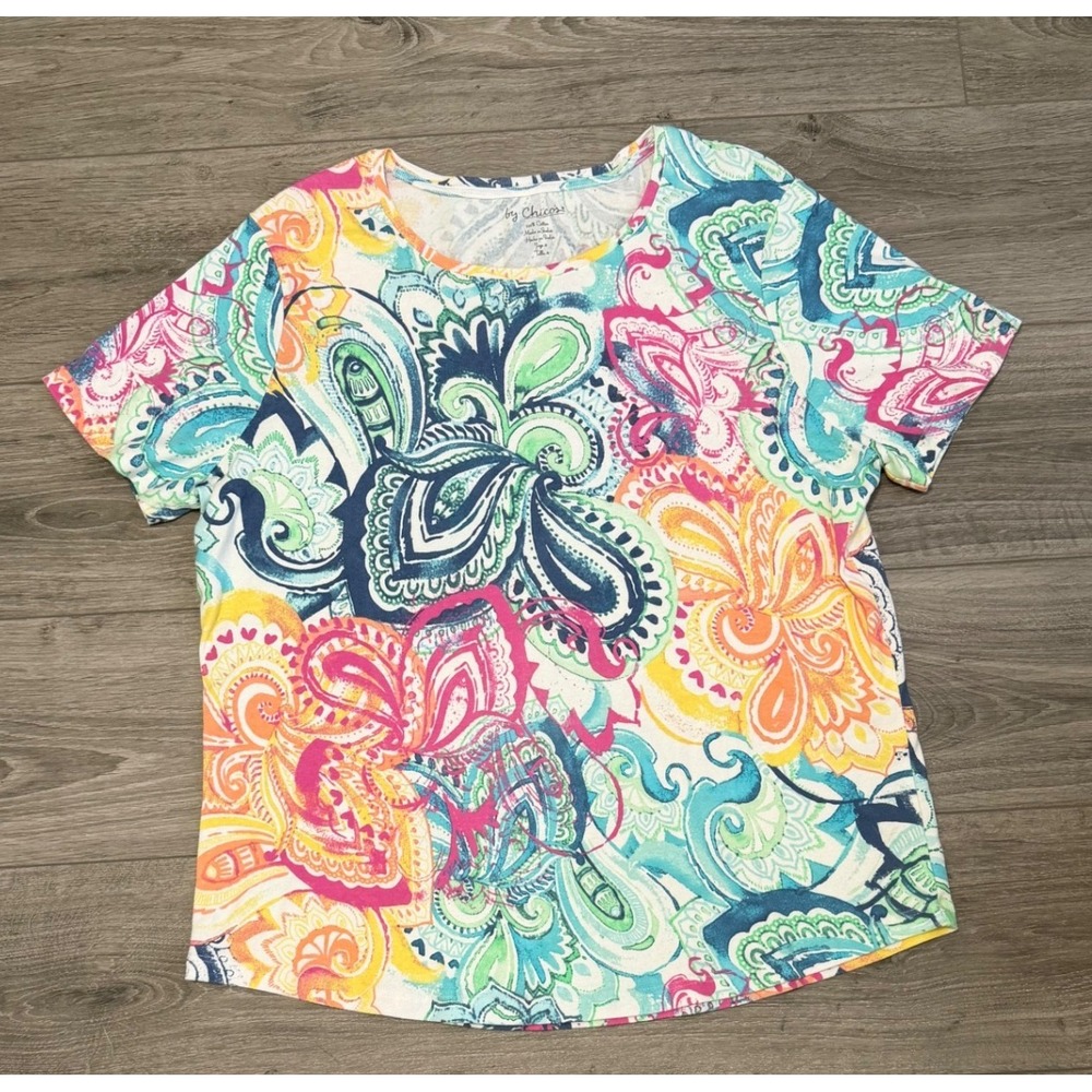 Chico's Resort Cruise Top‎ 2XL Short Sleeve Multicolor Tropical Paisley Shirt